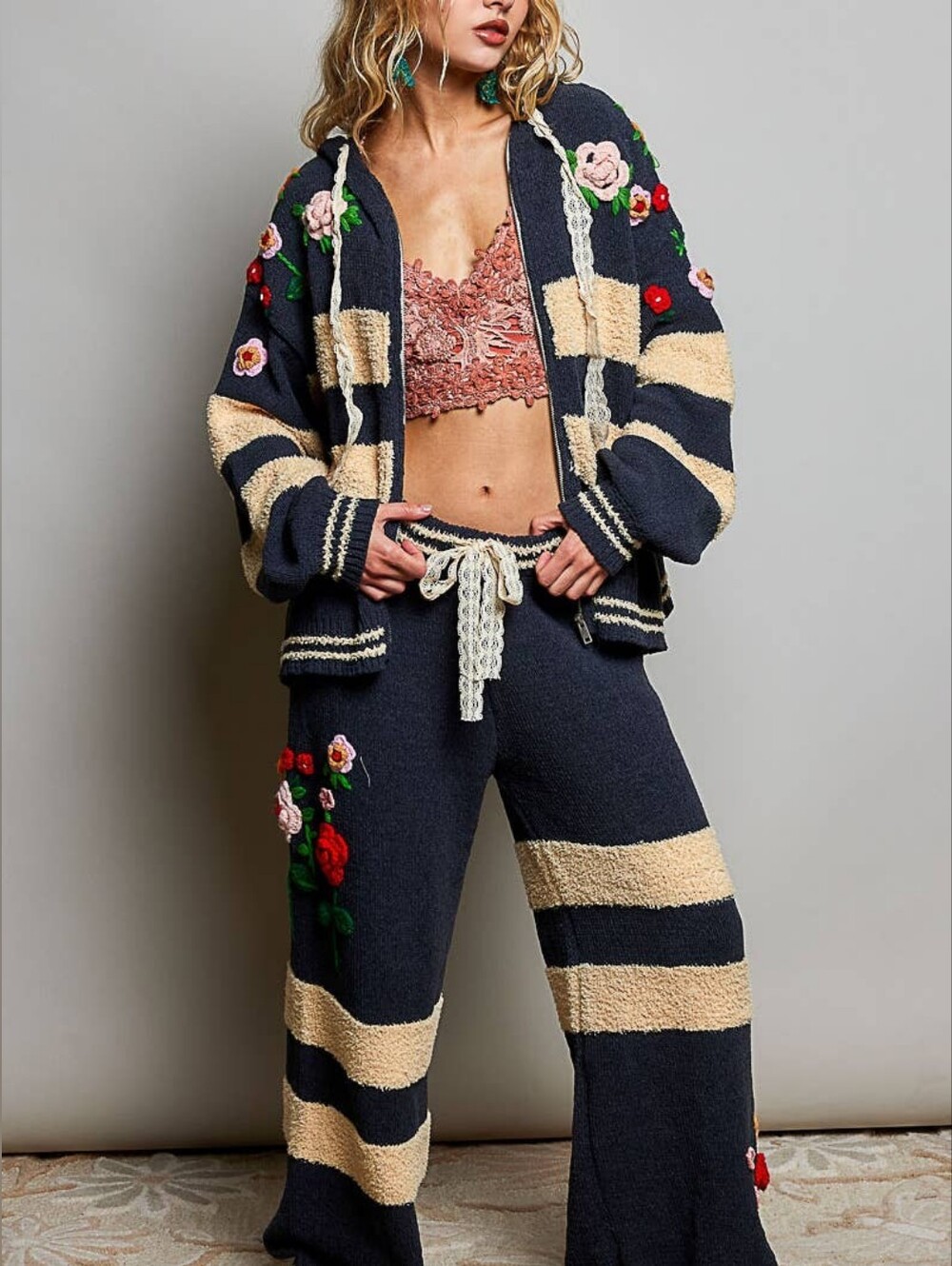 POL Chenille Taupe & Charcoal Stripped 3D Embroidered Hoodie & Jogger Set - Picture 2 of 16